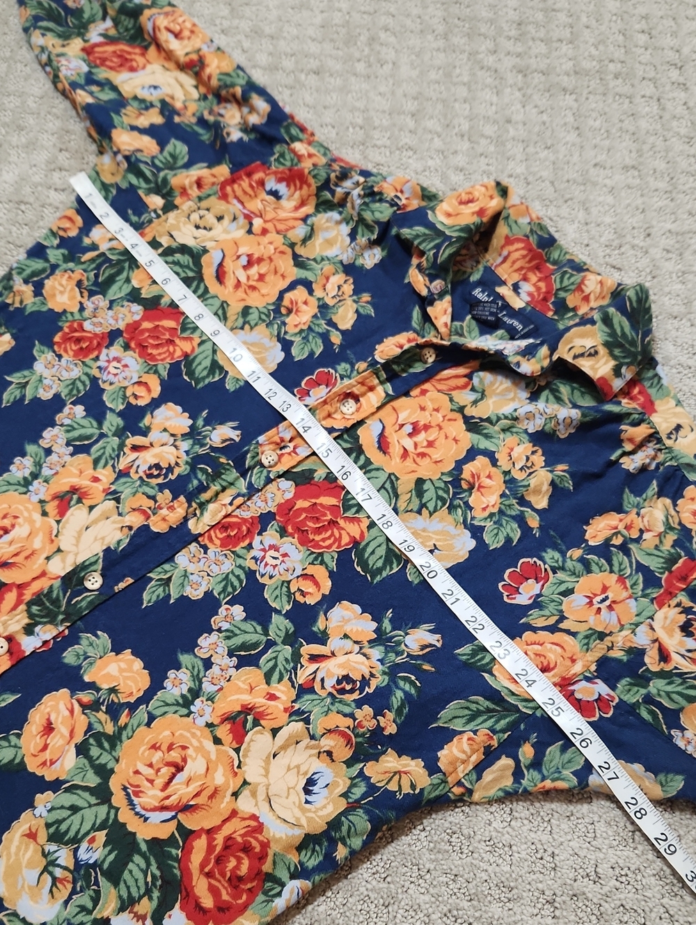 Ralph Lauren Floral Print Button-Up Shirt Navy with Yellow & Red Flowers Size 8 - Picture 10 of 16